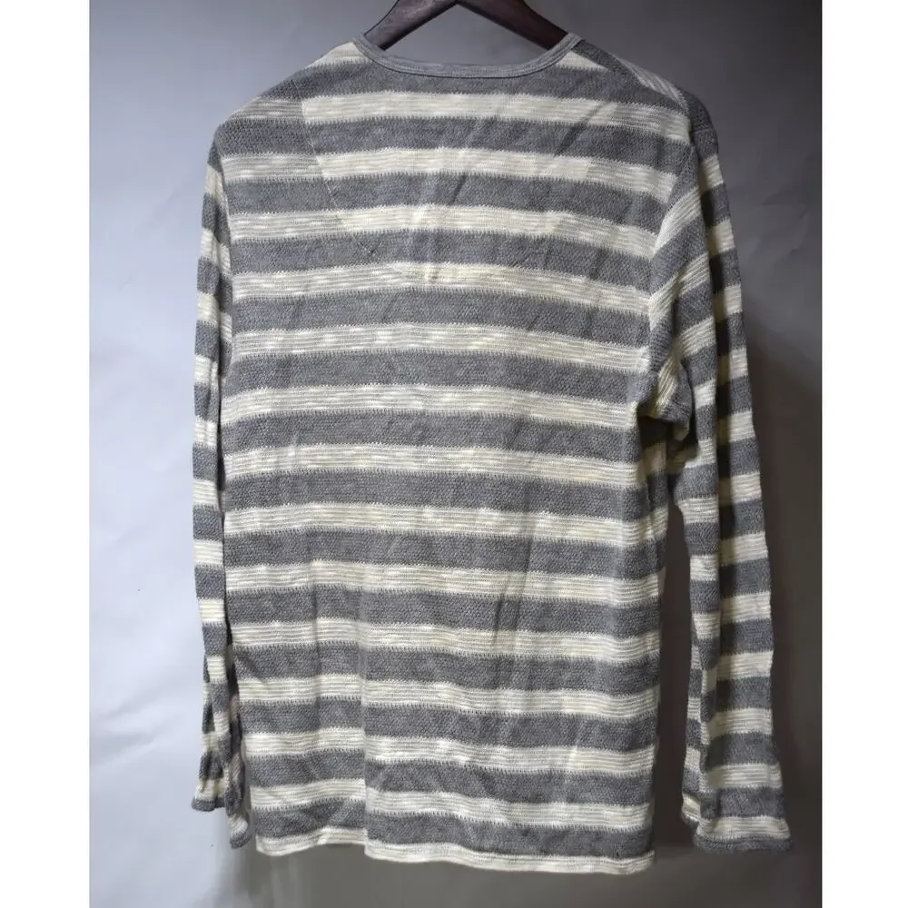 Mr Turk Men’s Gray Ivory Striped Long Sleeve Henley Shirt Size Medium